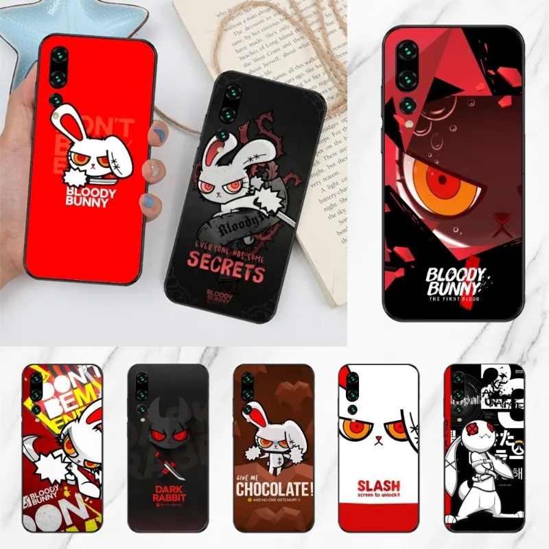 Luxury Bloody Bunny Phone Case for Huawei P50 P40 P30 Pro Lite P Smart 2021 2019 Magic 3 Black Soft Phone Cover Funda