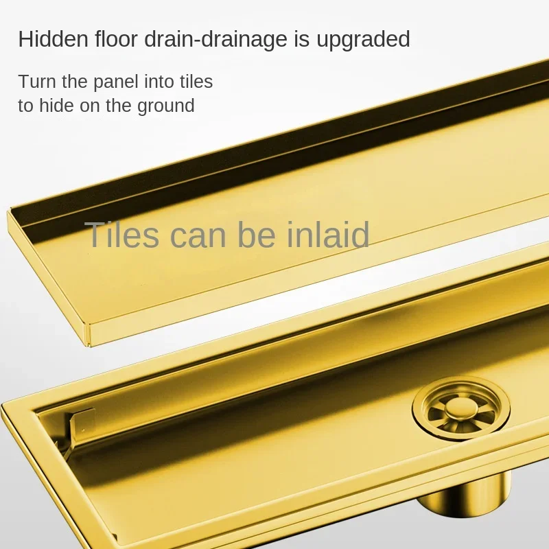 Drenaje de piso rectangular invisible de acero inoxidable 304, desagüe de piso extendido oculto dorado, desodorante de tubería de alcantarillado de baño