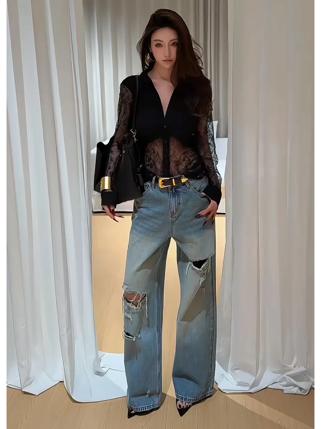 

Retro V-Ne Lace Long Sve Women's irt Sexy See-Tough Bal Unique Top for Winter Casual Loose Fit Breathable