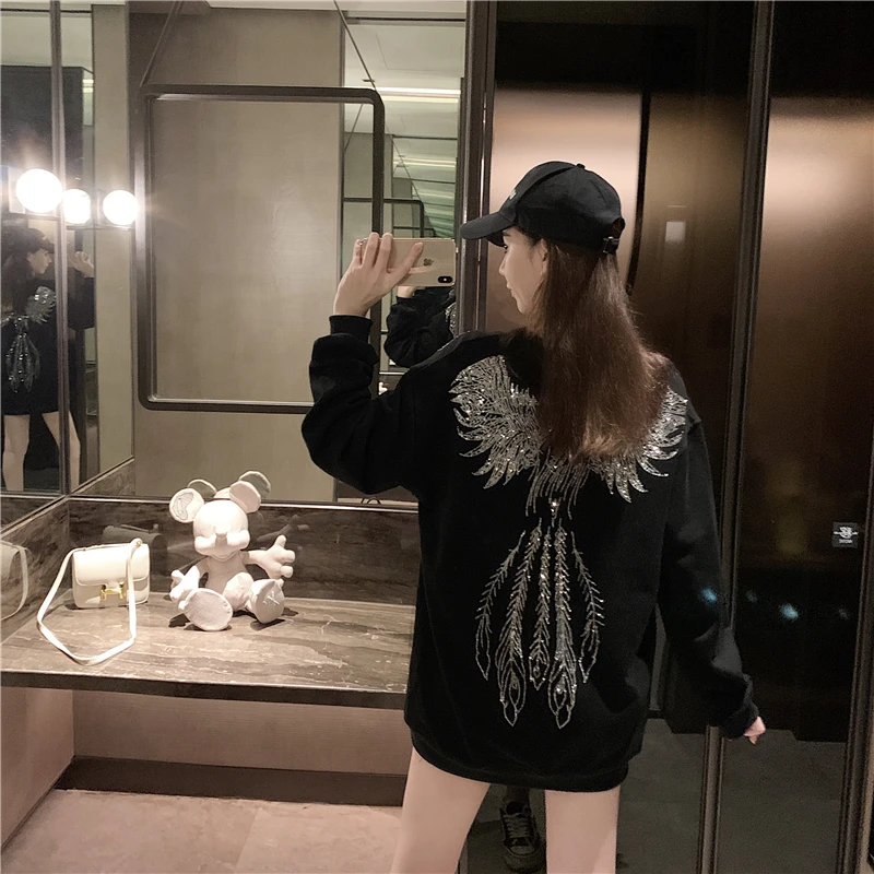 

Trendy Streetwear Black Women Sweatshirts Sparkling Back Hot Drilling Phoenix Mid-long Autumn Winter Pullover Top O-neck Thicken