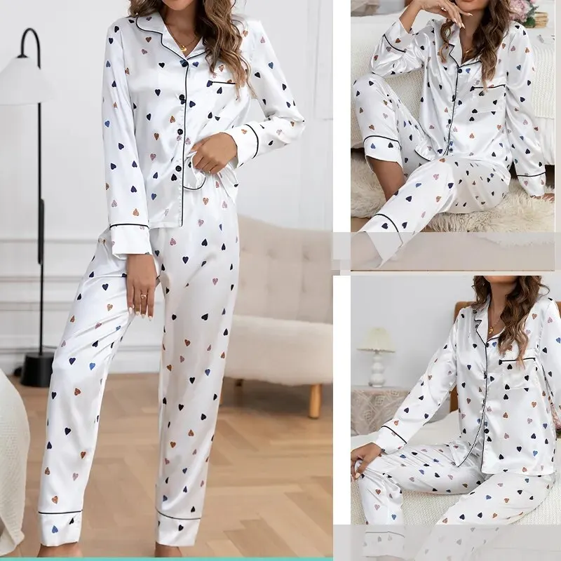 Elegant Heart Printed Sexy Pajama Set Long Sleeve Top and Elastic Waistband Pants Simple Fashion Casual Comfortable Pajama Set