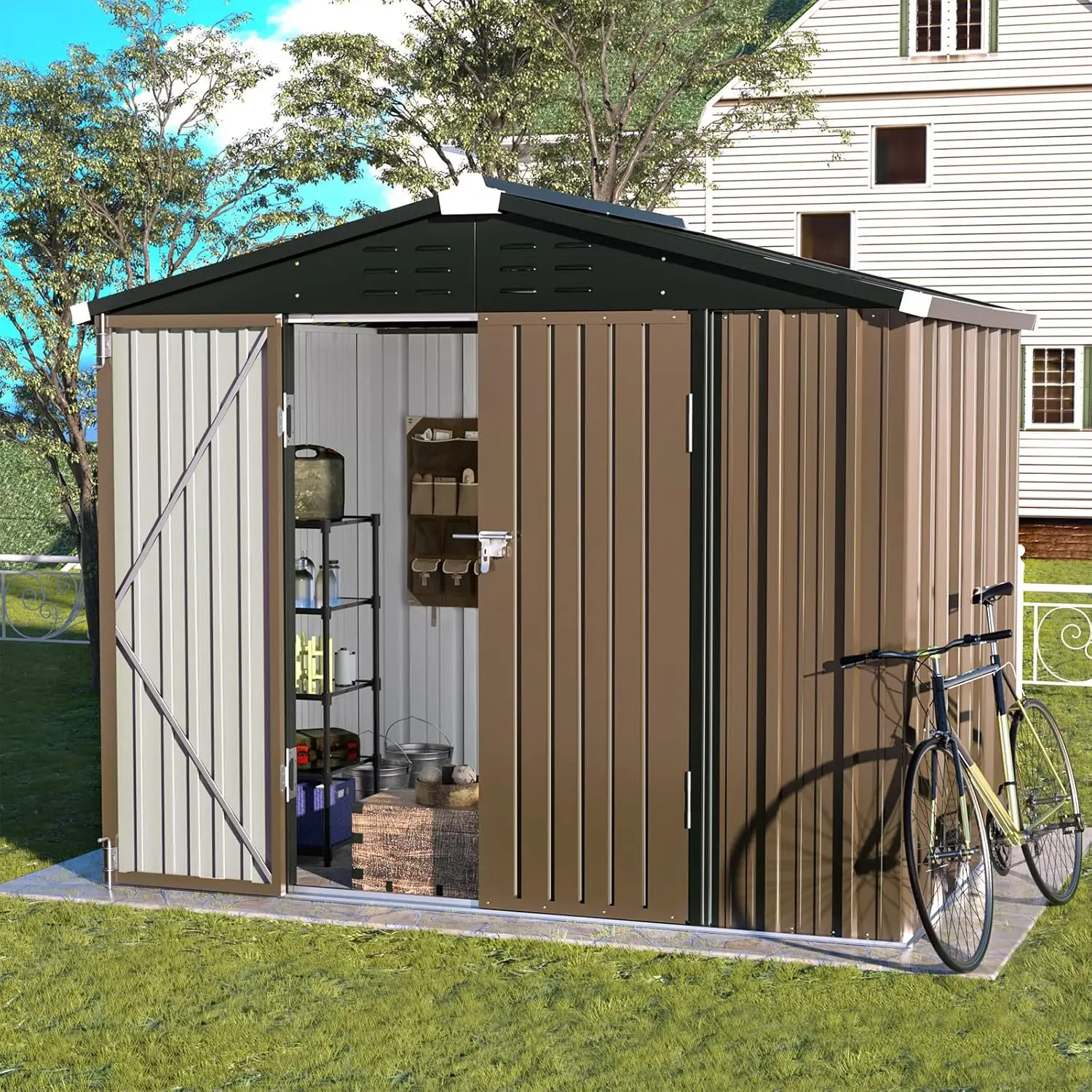 

Metal Outdoor Storage Shed 8FT x 6FT, Outside Lockable Metal Garden Shed Steel Anti-Corrosion Outdoor Storage House, Brown