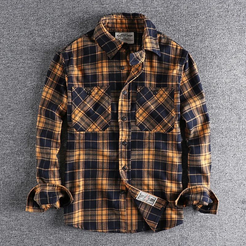 

Autumn New American Retro Heavyweight Long-Sleeve Lapel Brushed Fabric Plaid Shirt Men's Fashion Washed Loose Casual Blouses