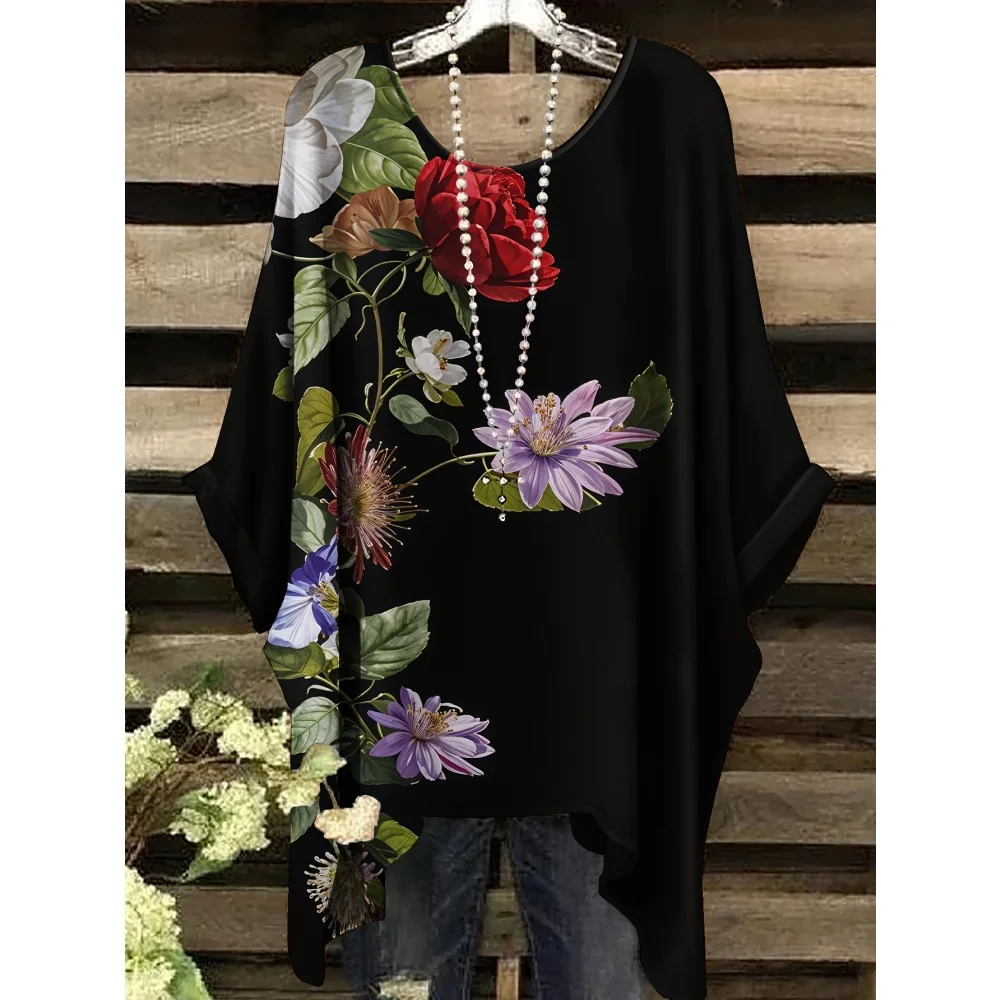 Camisetas con estampado de flores bohemias para mujer, camisetas Y2k con gráfico de cuerpo completo Retro colorido negro, camisetas asimétricas de cáñamo y cuello redondo de verano