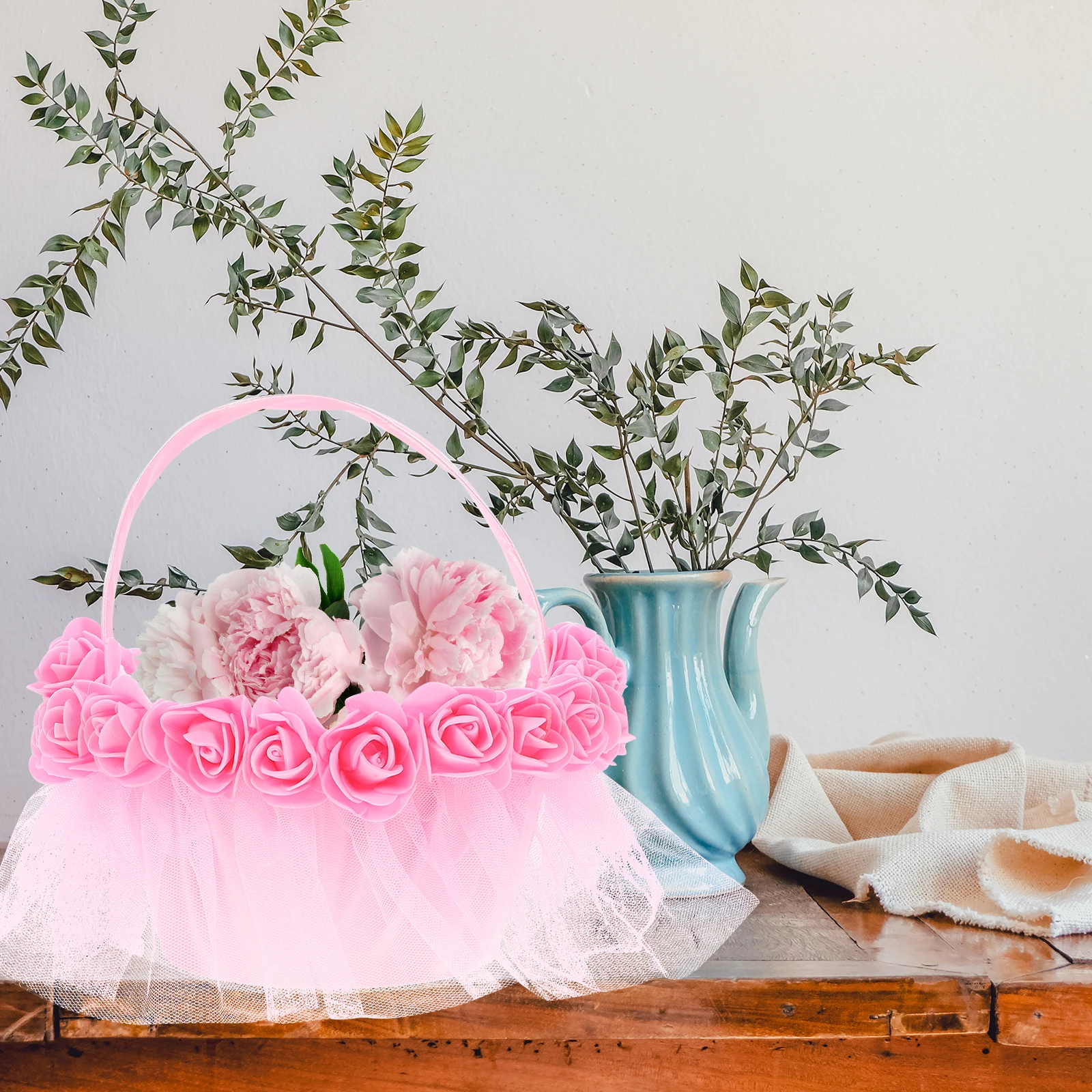 

Pink made Wedding Flower Basket for Girl Rustic Elegant Decor Romantic Party Baskets Small Charm Petal Storage