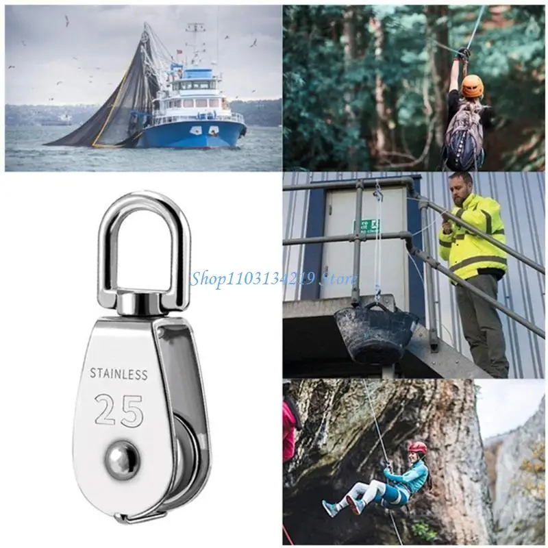 N5KC 2Pcs M25 Single Pulley Block Loading 330lbs Stainless Steel Wire Rope Single Roller Lifting Cranes Swivels Hook Outdoor