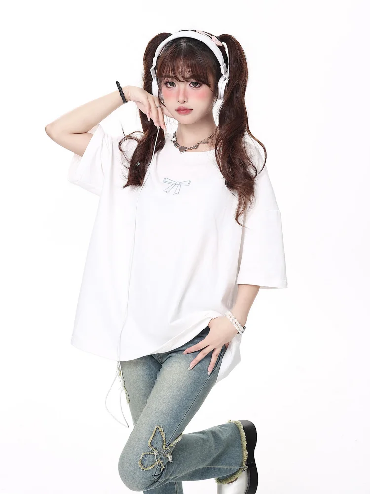 Korean Ins Trendy Bow Bandage Design T-Shirt Sweet Cool Y2k Aesthetic Long Women Tshirts Casual All Match Loose Tee Shirts Femme