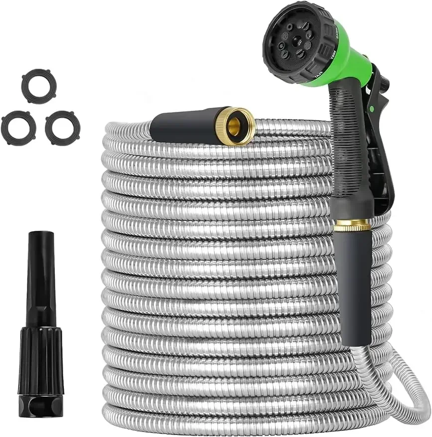 

Metal Garden Hose 100ft Stainless Steel Water Hose Super Tough Flexible Water Pipe with 3/4 inch Brass Fittings and Sprayer