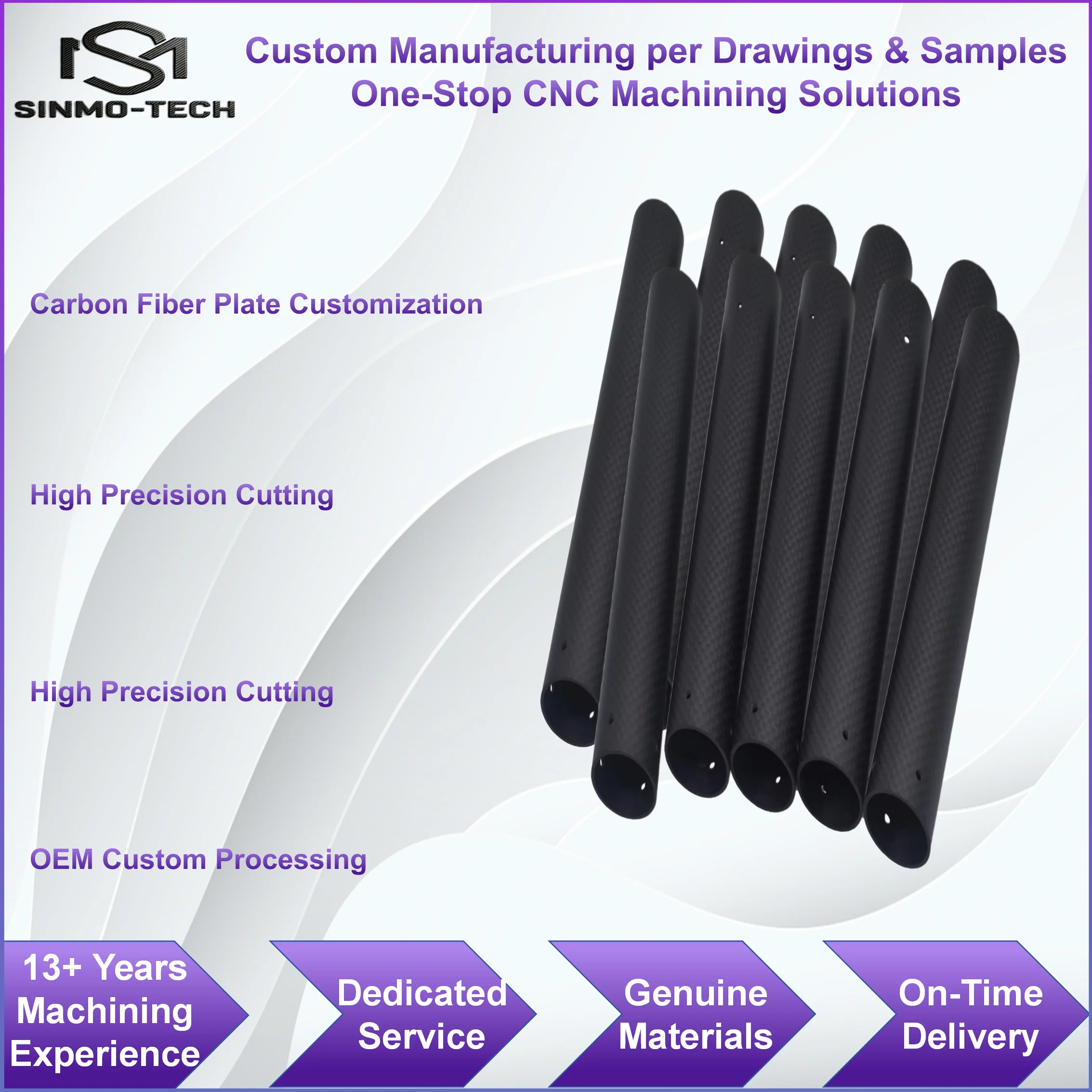 High Strength 3K Matte Glossy Carbon Fiber Square Tube Round Pipe Custom CNC Cutting Drilling Milling Industrial Structural Part