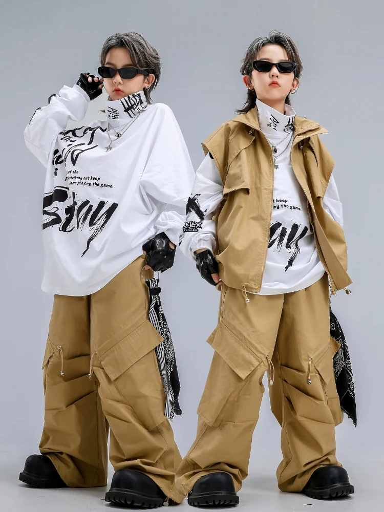 Ubrania do hiphopu i street dance dla dzieci, khaki kamizelka, spodnie, luźny strój, odzież do poppin, jazzowych kostiumów tanecznych, stroje sceniczne BL17338
