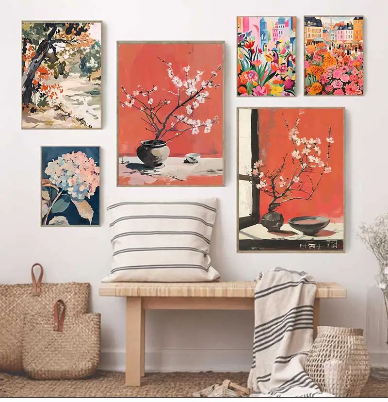 Abstract Plant Coloful Flower Hydrangea Lily Cherry Blossom Poster Canvas Painting Wall Pictures Living Room Decor