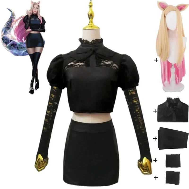 Game LOL Ahri The Nine Tailed Fox KDA The Baddest Cosplay Costume Wig Ears Anime Sexy Woman Outfit Halloween Black Uniform Suit