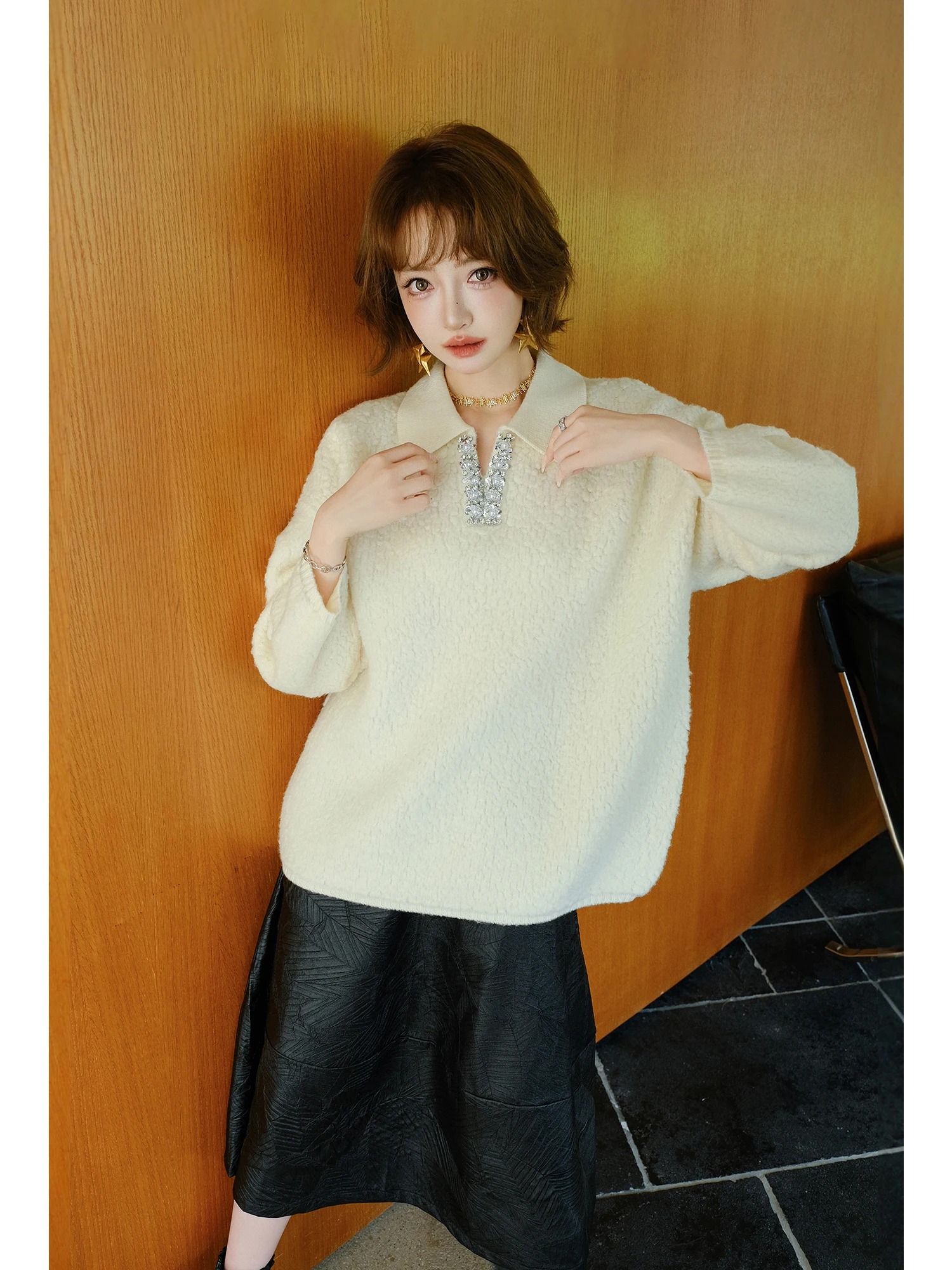 

Шерстяной вязаный свитер MIUCO с воротником, свободный крой, утепленный флис, женский, в стиле Lazy Sle, осень-зима, новинка