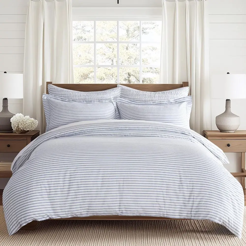 

Tobago Stripe Blue Reversible ull/Queen Comorter Set (90x94in) with 2 Pillowcases (26x20in) - Striped - Blue, White - 100% Cotto