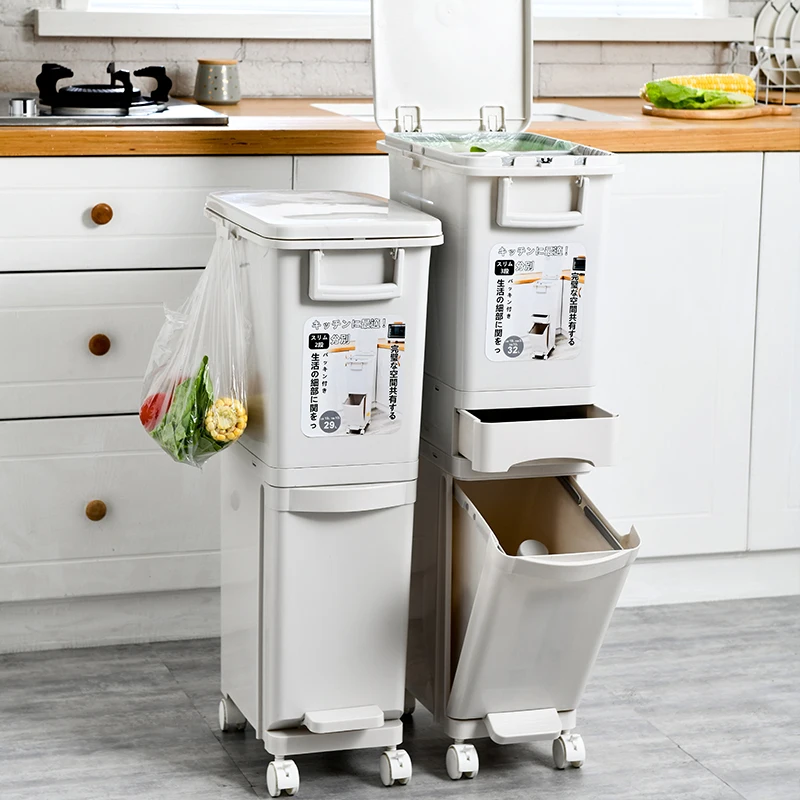 

Kitchen Wheel Trash Can Recycling Modern Pedal Rectangle Trash Can Designer Plastic Sink Sorting Cubo Basura Household Items