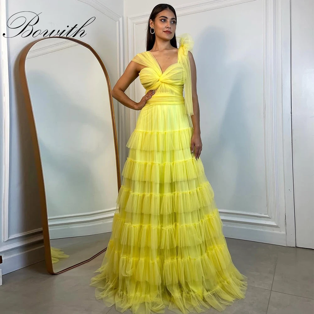 

Bowith Yellow Prom Dresses Women Sweetheart Sleeveless Evening Dresses for Special Occasion Tiered Tulle Party Dress CUstomized