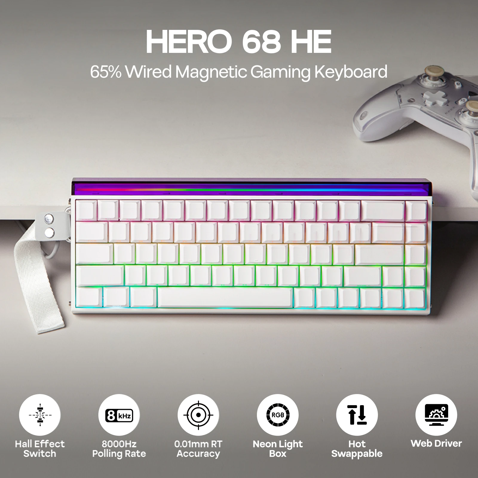 AULA Hero68 เขา 65% ANSI QWERTY เค้าโครงแบบมีสายแม่เหล็กคีย์บอร์ด Hot-Swap 8kHZ Rapid Hall Effect สวิทช์ RGB Backlight