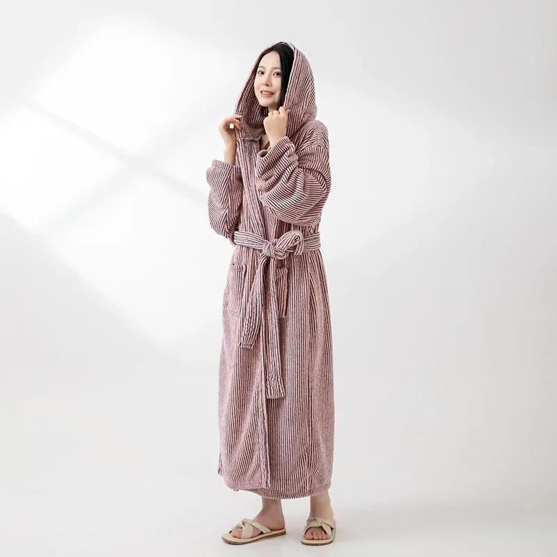 

Women's Oversized Hooded Bathrobe Striped Bathrobe Coral Fleece Kimono Absorbent Quick Drying Robes Couple Home Wear Loungewear