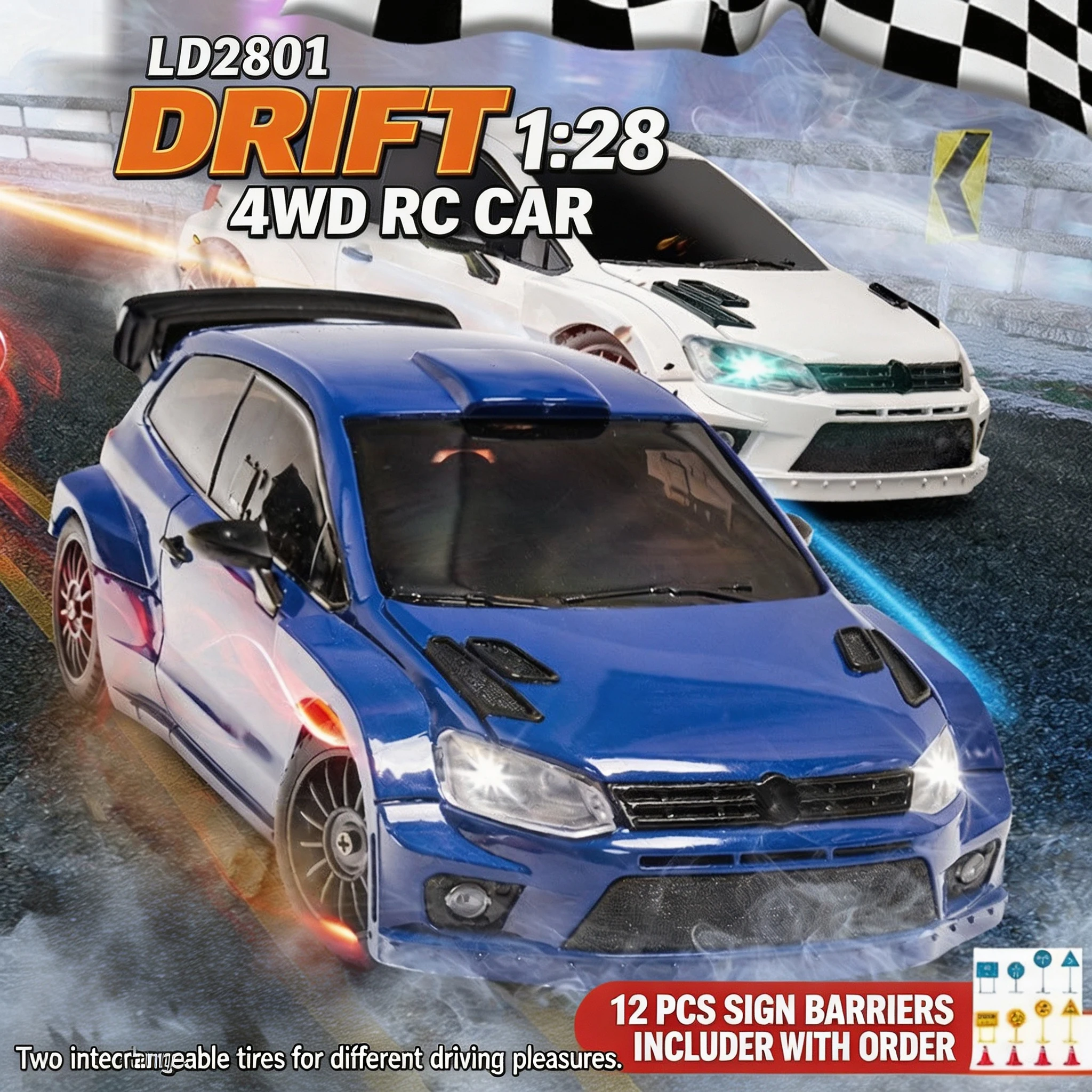 LDRC RC 4WD RC Drift Racing Car, Full Proportional Remote Control Sports Model with LED Lights, Birthday Gift for Boys Kids