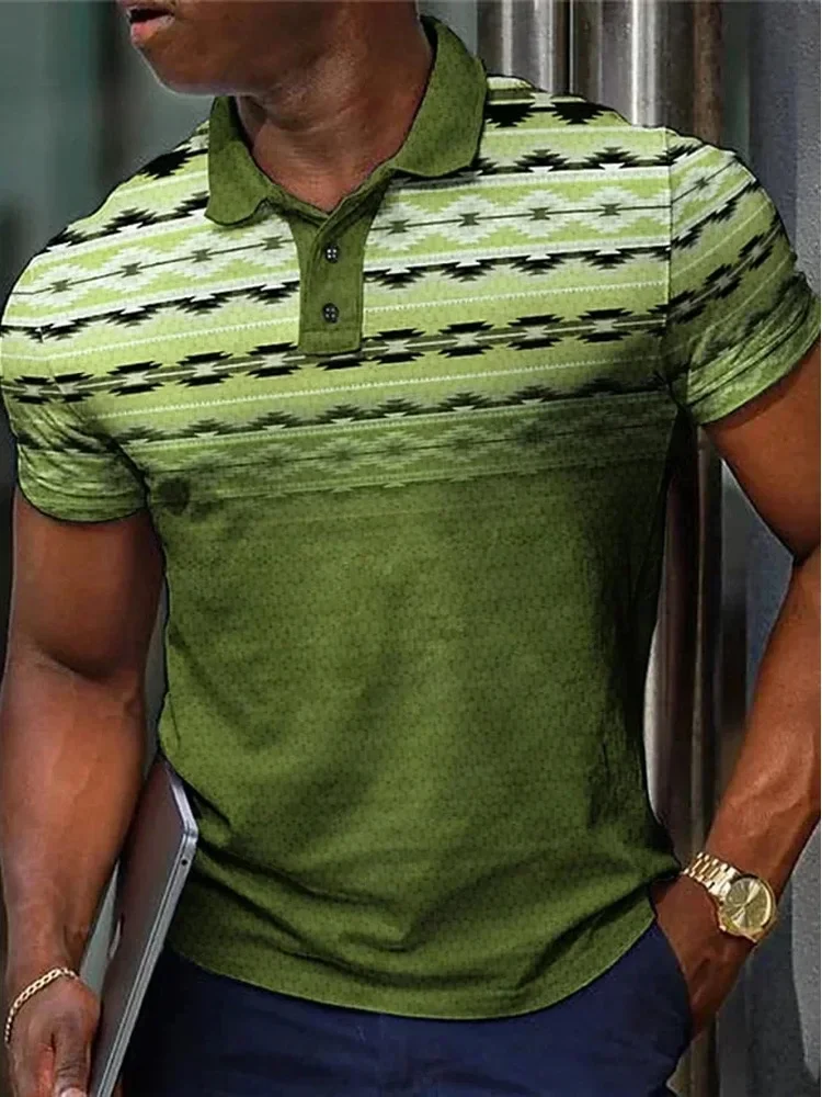 

Мужская футболка-поло 2026: модная повседневная спортивная модель с 3D-принтом, градиентным этническим рисунком, в стиле стрит-стайл, с отложным воротником и пуговицами, короткий рукав
