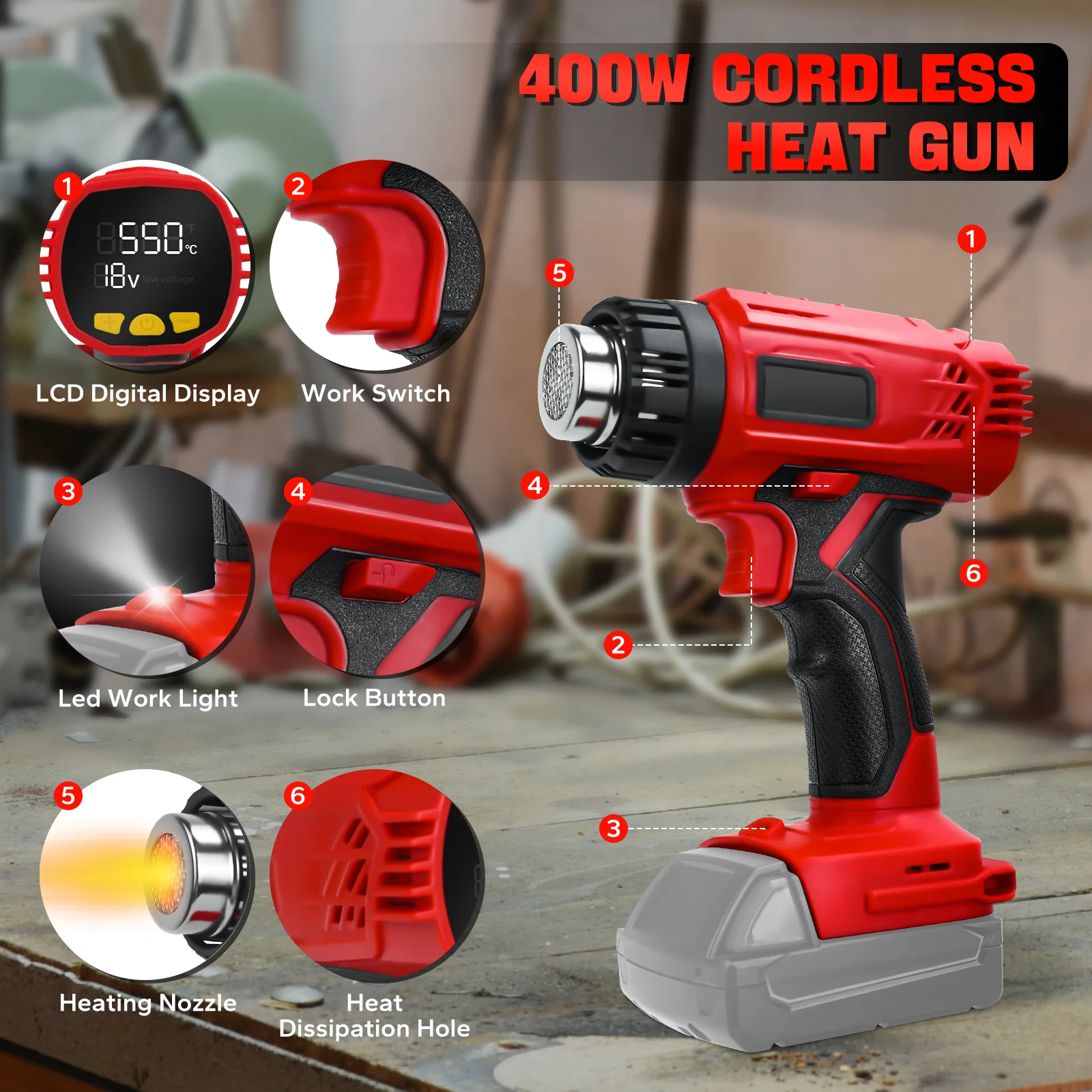 مسدس حراري لاسلكي 400 وات 50 ℃ -550 ℃   شاشة LCD رقمية تسخين سريع مسدس هواء ساخن حماية من الحمل الزائد لبطارية ميلووكي 18 فولت