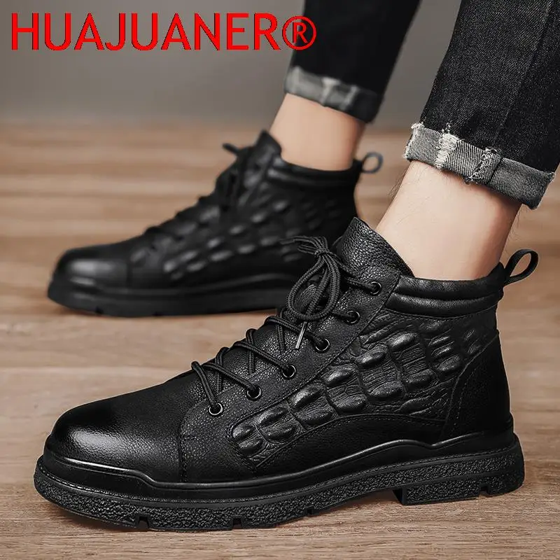Men Winter Boots Comfy Crocodile Style Snow Boots Fashion Mens Sneakers Shoes Men Lace-up Quality Genuine Leather Fur Men Boots view 4