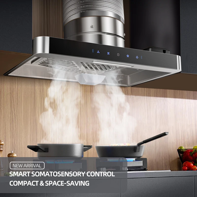 Three-Speed Touch-Control Stainless Steel AC Powered 7 Rotary Vanes 10-Inch Range Hood Exhaust Fan Lighting 220W Quiet Pipeline
