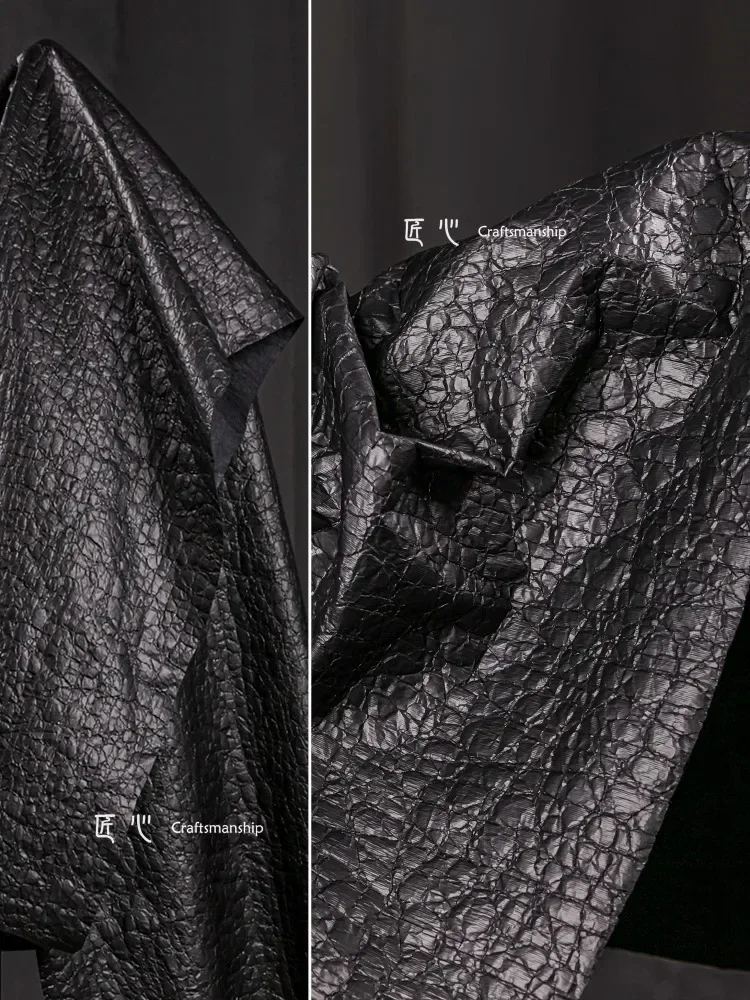 

Black Leather Fabric Crack Creative Coating Vintage Clothing Designer Fabric for Clothes PU Polyester Material By The Meters