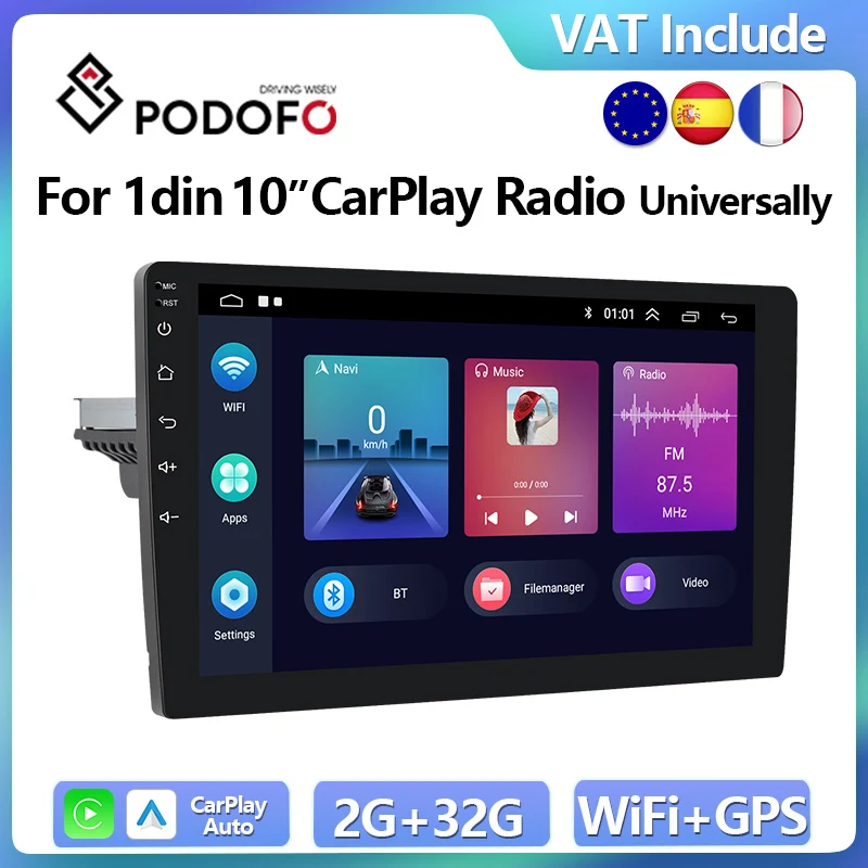 Podofo CarPlay Android Car Radio 1din 10in Universally Car Multimedia Player GPS Stereo Navi HiFi Autoradio Head Unit BT RDS FM