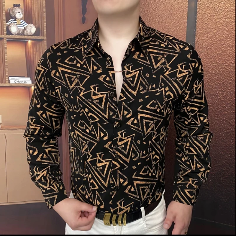 

2025 Autumn Winter Geometric Printed Long Sleeved Shirt Men Fashion Slim Fit Casual Social Business Shirts Party Tuxedo Blouse