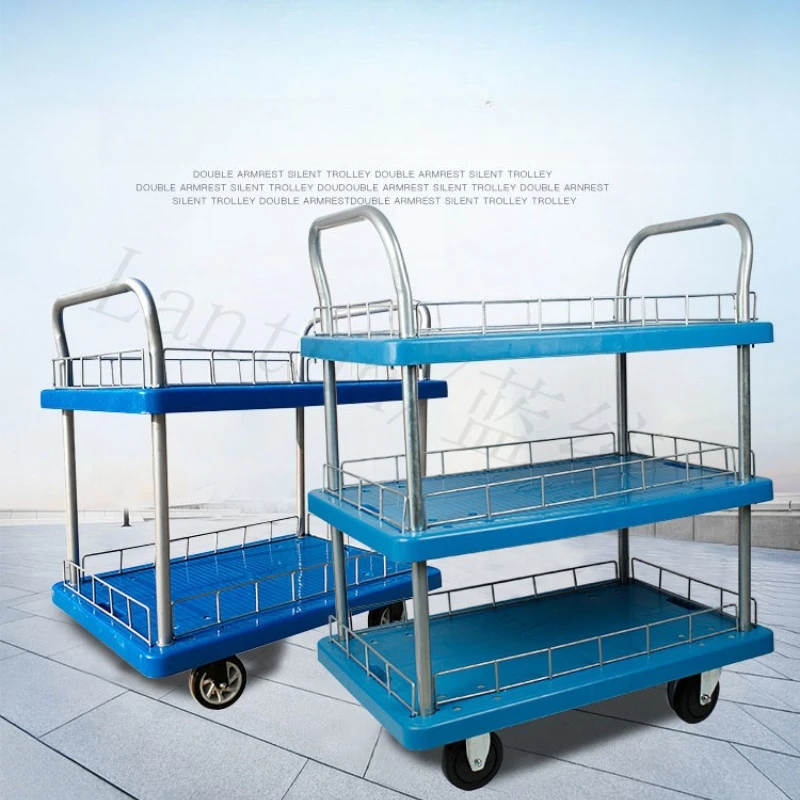 Two-Tier Plastic Cart with Quiet Steering Market Stall Wheels Tool Transport Handcart Cargo Trolley Flatbed Quietly Moving Stora
