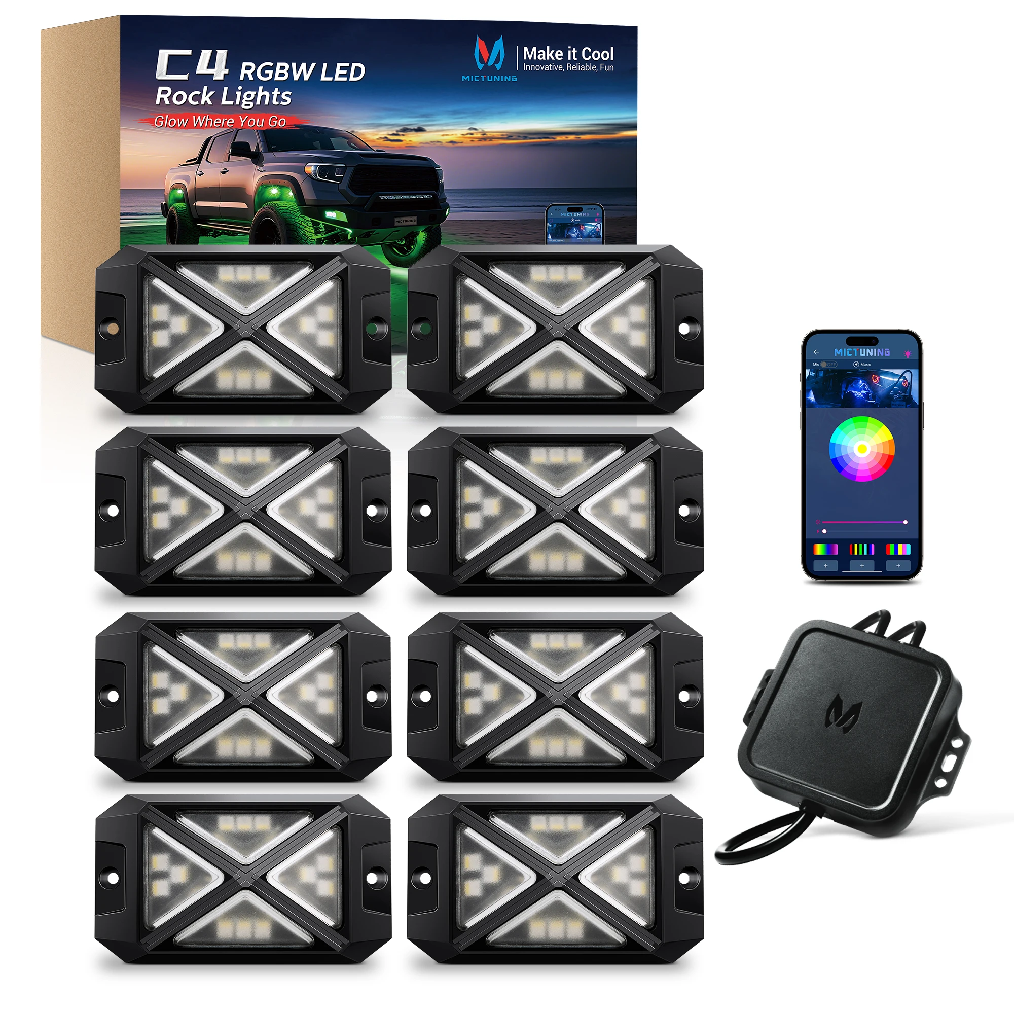 MICTUNING C4 RGBW LED Rock Lights, 8 Pods 360° Underglow Neon Accent Lighting Kit, 4-Sided Design, App Control Music Mode