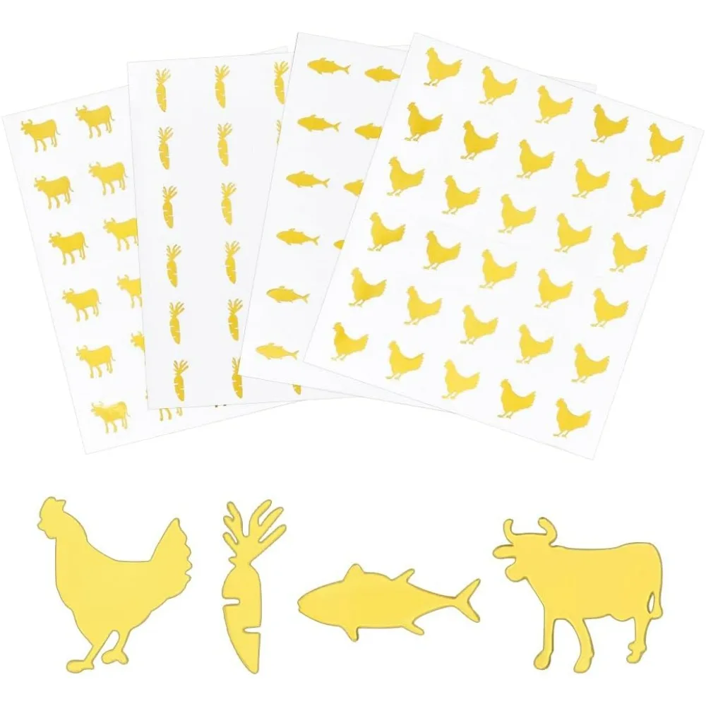 1200pcs 4 Styles Gold Meal Stickers 0.8 Inch Food Choice Sticker Rooster/Carrot/Fish/Cattle Wedding Meal Indicator Stickers