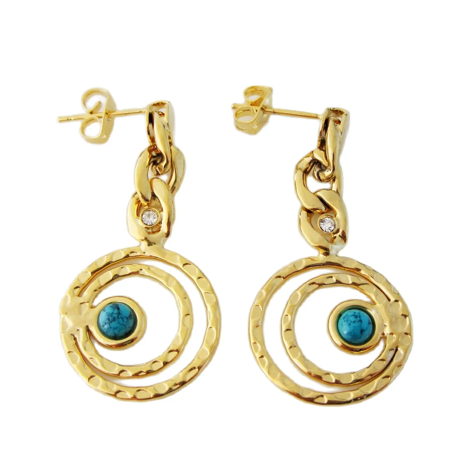 Foromance SIMULATION BLUE STONE AND CZ STONES DANGLE EARRING YELLOW GOLD PLATED GREAT GIFT