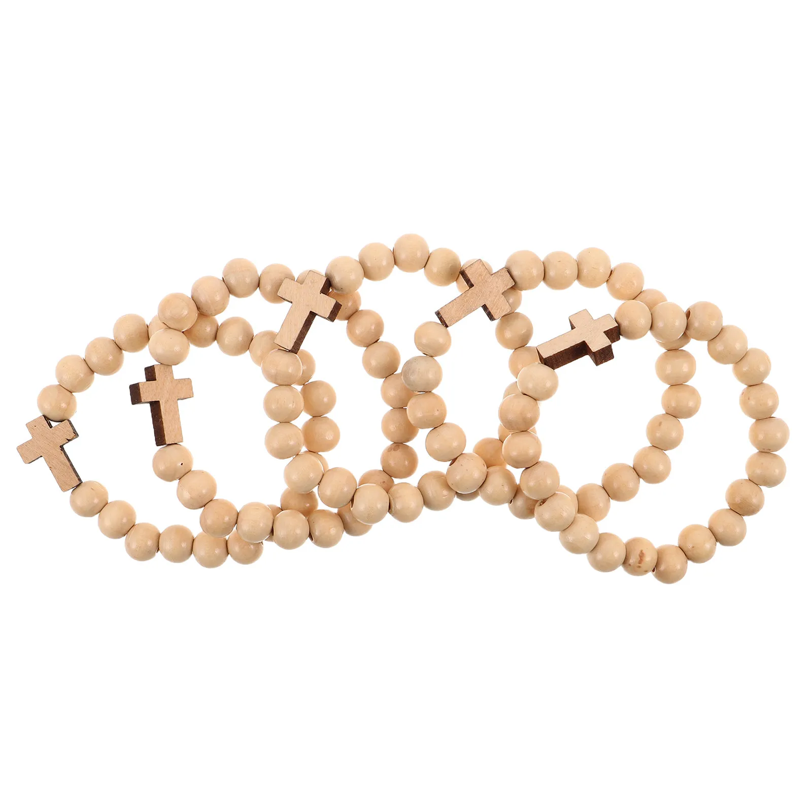Lot de 5 Bracelets Extensibles Perles en Bois Croix Crucifix Légers Confortables Bijoux de Foi pour Usage Quotidien Voyage Dévotionnel