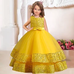 New 4-12 Years Old Children Dress Girls Princess Dress Beaded Satin Bow Party Costume Elegant Girls High-end Venue Dress