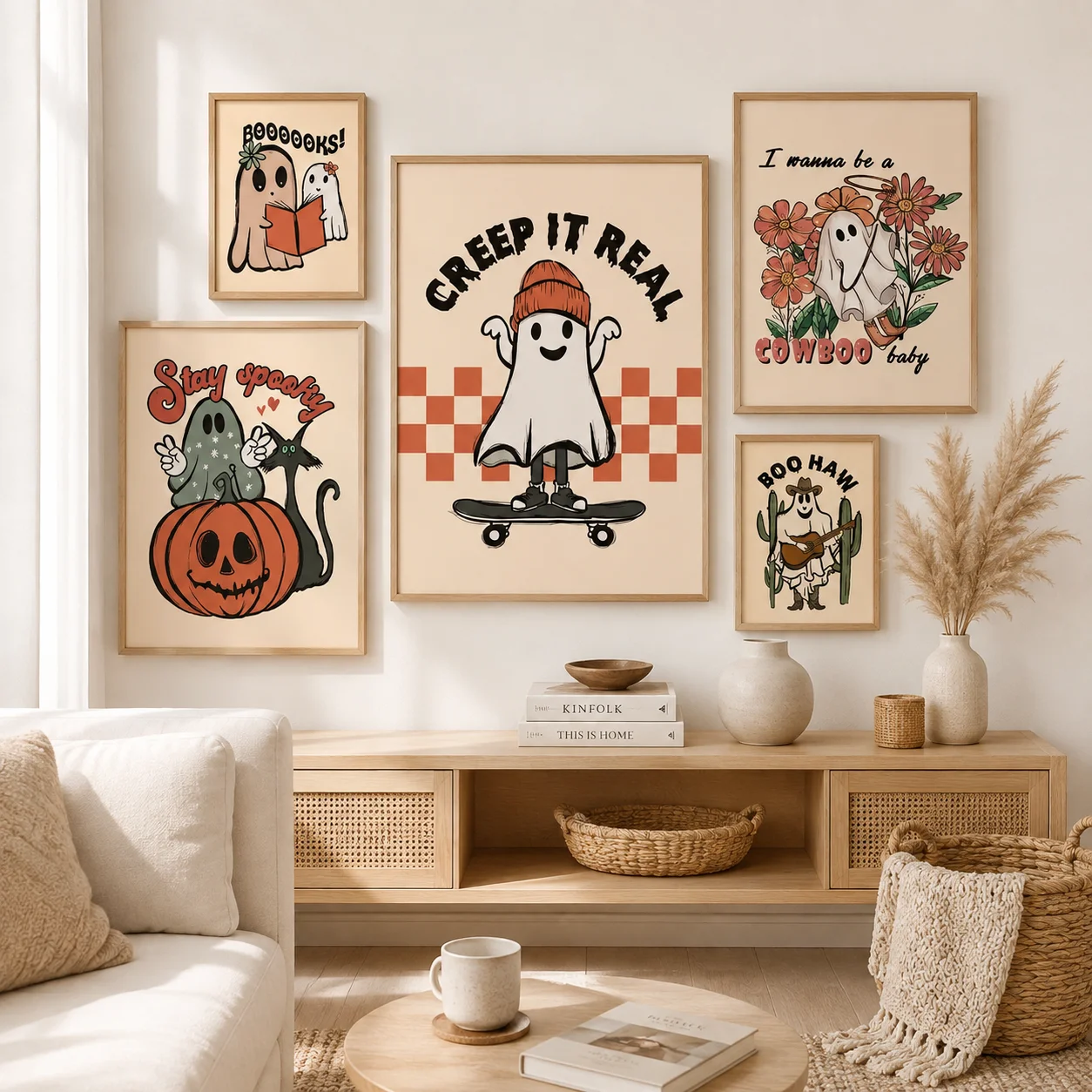 Vintage Cartoon Ghost Halloween Autumn Wall Art Picture Retro Fall Halloween Poster Print Canvas Painting for Room Home Decor