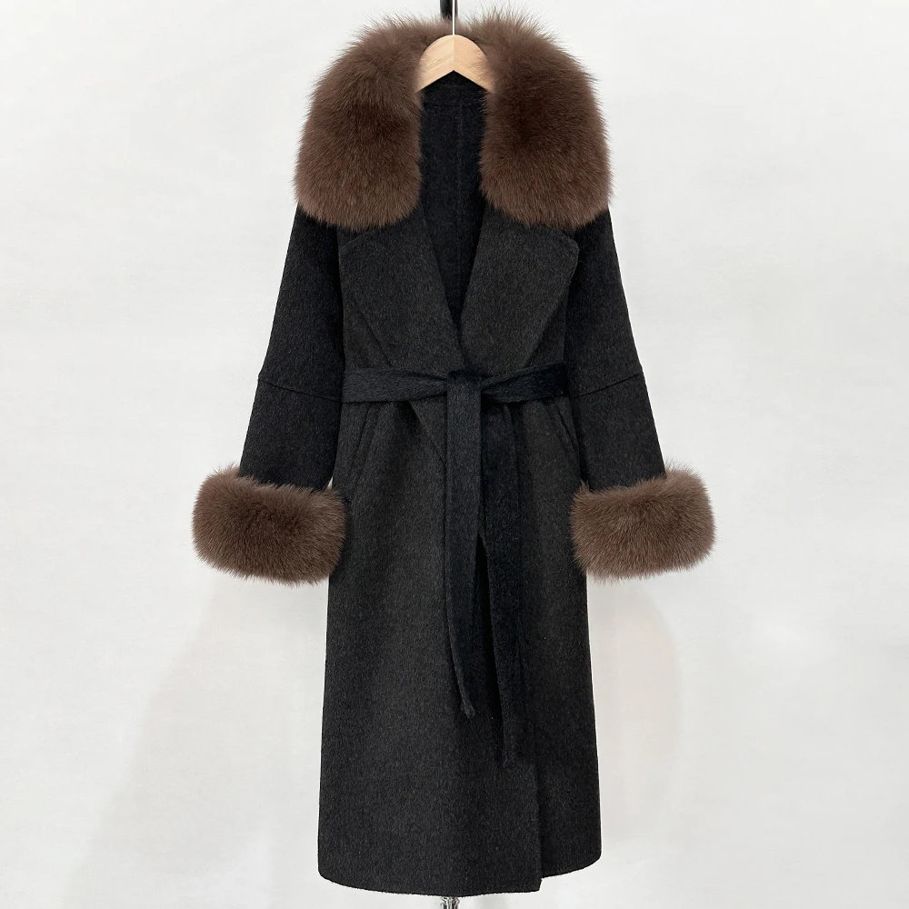 OFYBUY Modischer Warmer Wollmantel mit Echtfuchspelzkragen, Neue Herbst-Winter-Langkleidung für Damen, Eleganter Wollmantel mit Gürtel für Frauen – Detail 15