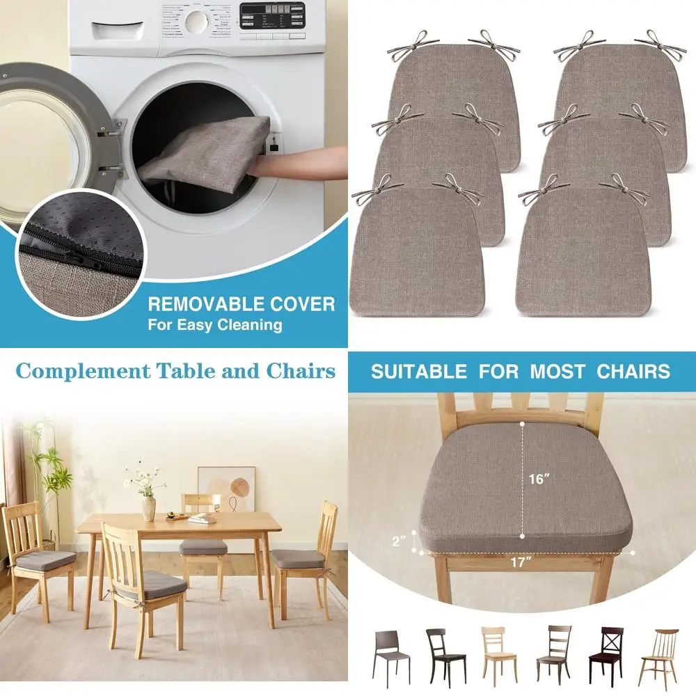 

Набор из 6 светло-коричневых нескользящих подушек для обеденных стульев (17x16x2 дюйма) с завязками для кухонных стульев