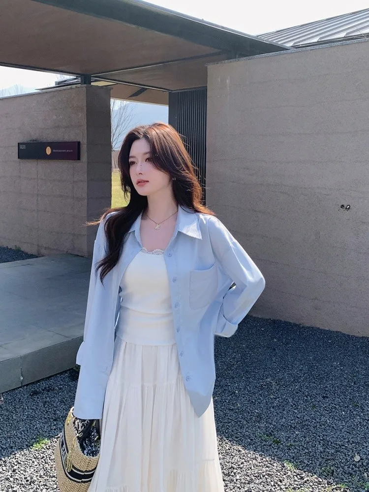 

Ms.Daoge Blue Loose Long Sve irt Jaet Women's Spring Faionable Casual Sle Comfortable Outerwear Collar Button...