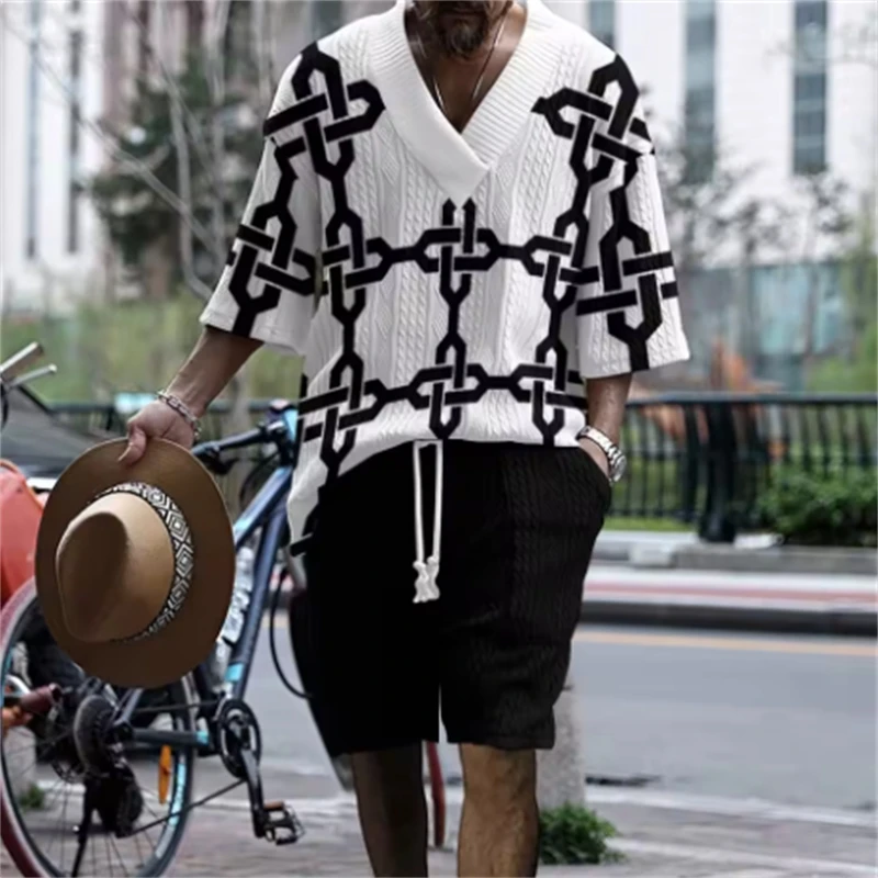 

Летний бестселлер. Мужской жаккардовый комплект из 2 предметов с 3D цифровой печатью и короткими рукавами, индивидуальный узор, мужской трикотажный костюм.