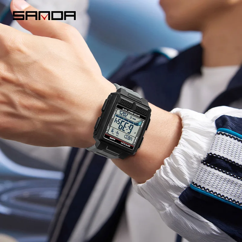Zegarek sportowy dla młodzieży SANDA 2212, elektroniczny, wodoszczelny 5ATM, z podświetleniem nocnym, odliczaniem, stoperem, budzikiem, stereoskopowa obudowa 3D.