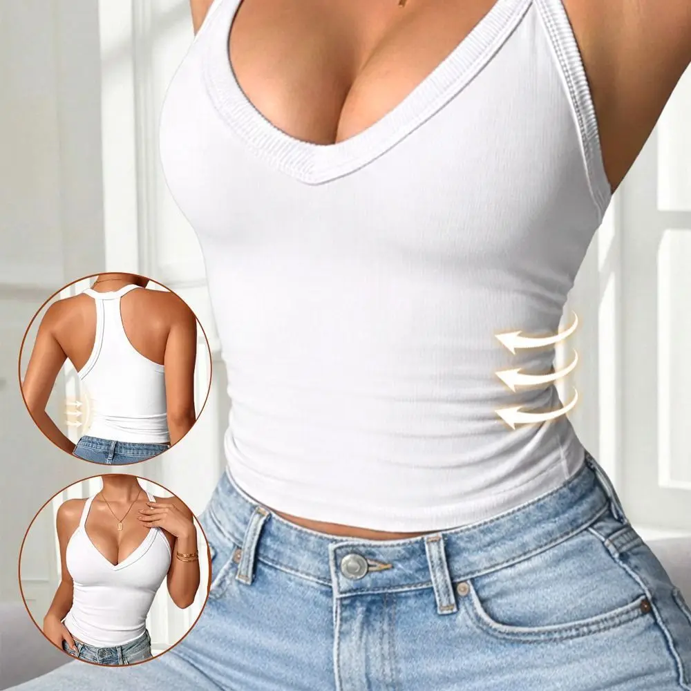 Creative Solid Color Women Vest Built in Bra Breathable Camisole Soft Comfortable V-neck Design Lady Tanks Top Four Seasons