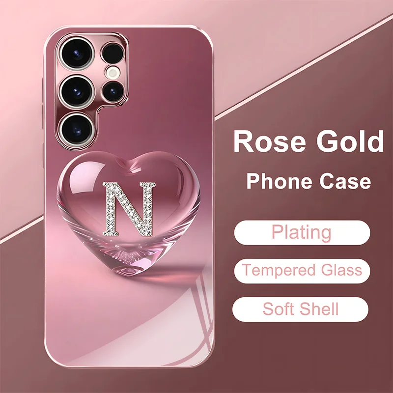 Rose Gold/plated pink Glass phone case for Samsung Galaxy S26 S25 S24 Shockproof Glossy Protective Back Cover Crystal letter N