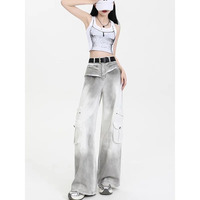 

Американские свободные джинсовые брюки с высокой талией для женщин, новинка 2025 года, джинсы в полный рост с принтом тай-дай, повседневные широкие прямые брюки-карго