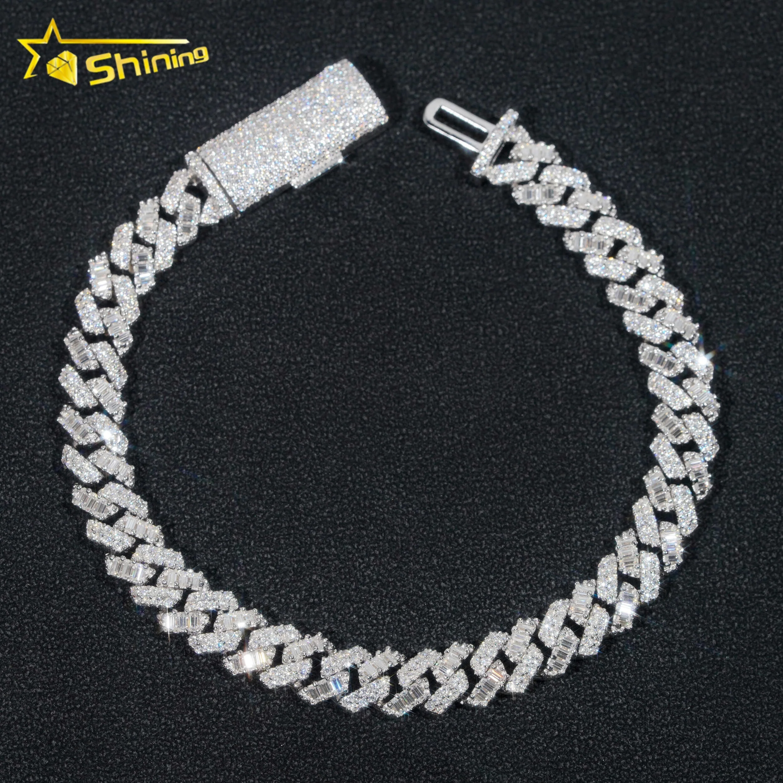 Hip Hop Jewelry 8mm Baguette 925 Silver Iced Out Necklace VVS Diamond Moissanite Cuban Bracelet