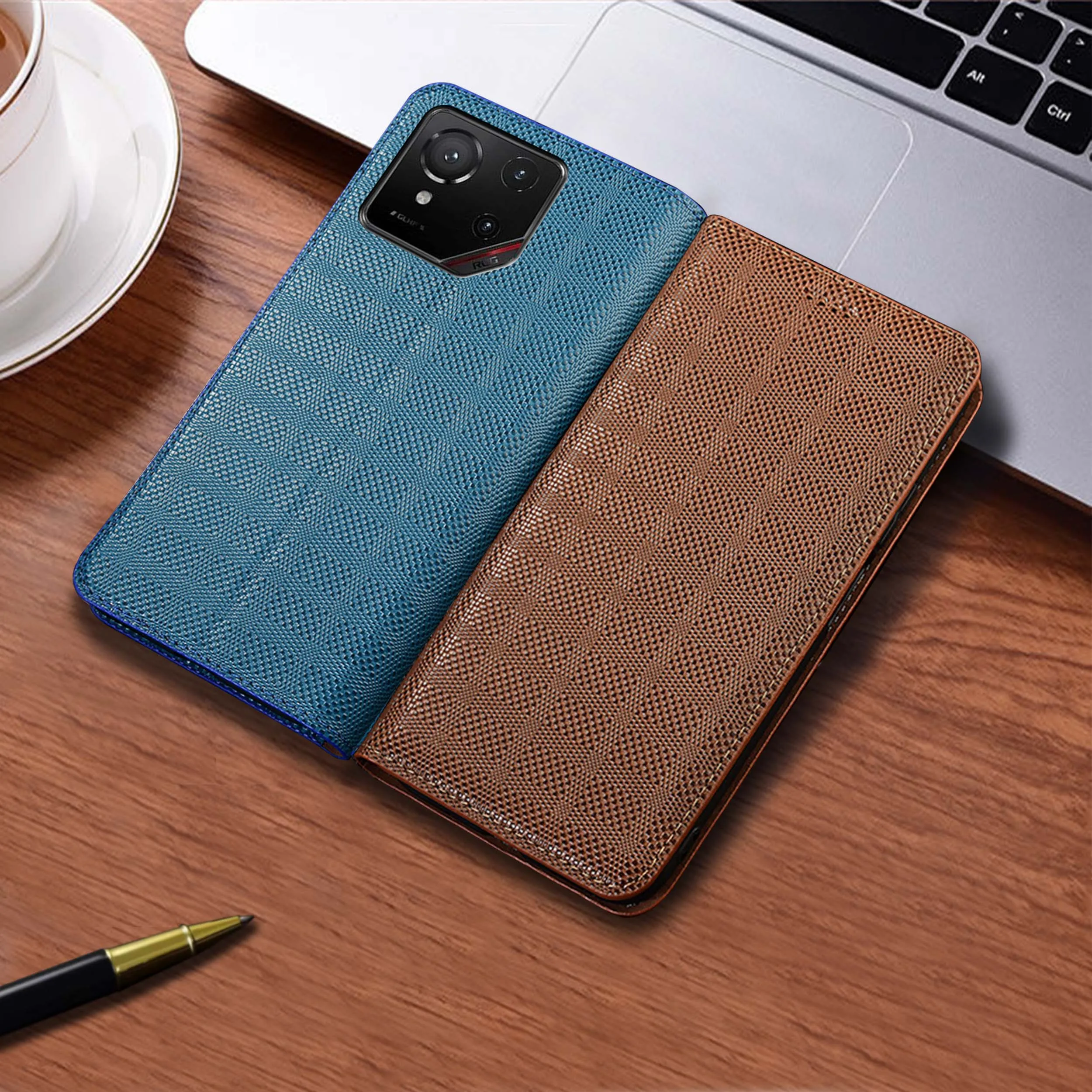 

For Asus Rog Phone 3 5 5S 6 6D 7 8 9 Pro Ultimate FE Crosshatch Pattern Of Genuine Leather Flip Phone Case Cowhide Scratch Proof