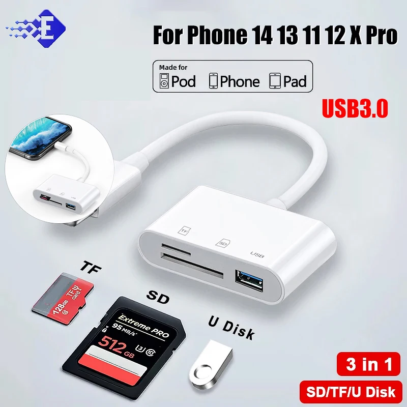 3 In 1 Lightning To TF SD Card Reader For Apple Phone 14 13 11 12 X Pro USB Type C Memory OTG Adapter For Huawei Xiaomi Samsung