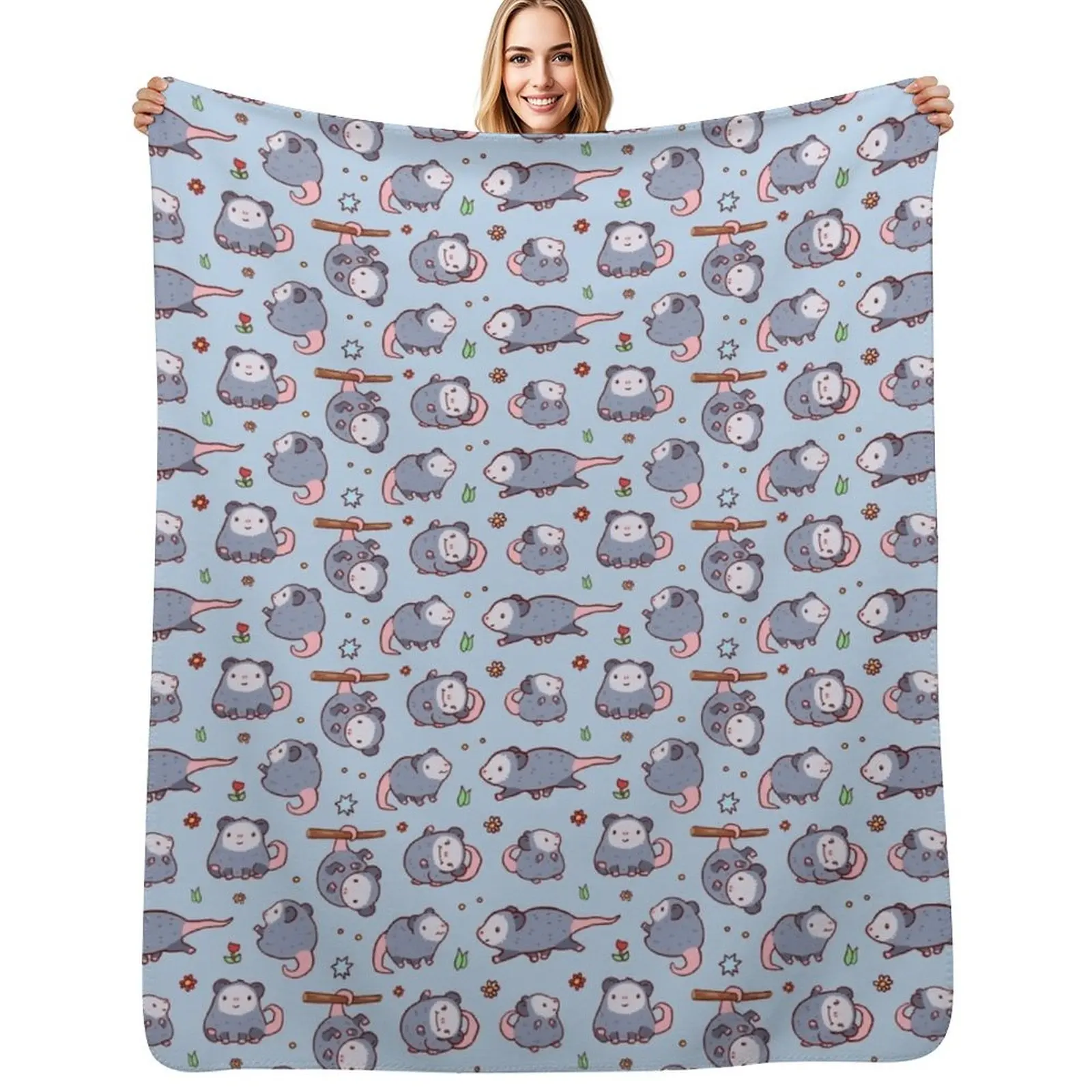 

Cute opossum pattern in blue and grey colours, kawaii opossum Throw Blanket Cute Plaid Extra Large Throw Furrys Blankets