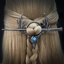 Gothic Vintage Deer Horn Hairpin Crow Skull Skeleton Moonlight Stone Hair Clip for Women's Fashion Hair Stick Hair Accessories